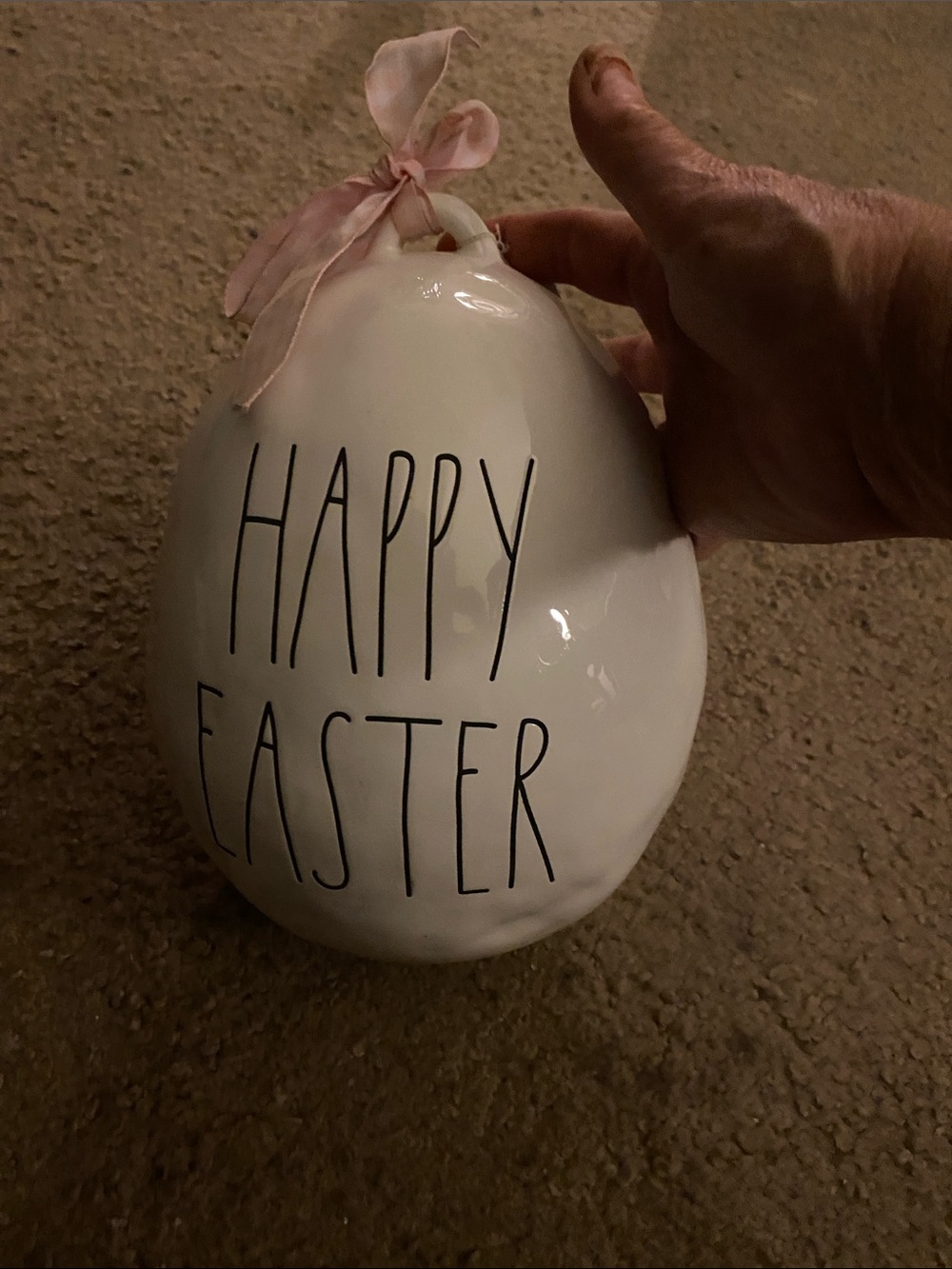 Rae Dunn White ‘Happy Easter’ Ceramic Egg with Pink Ribbon